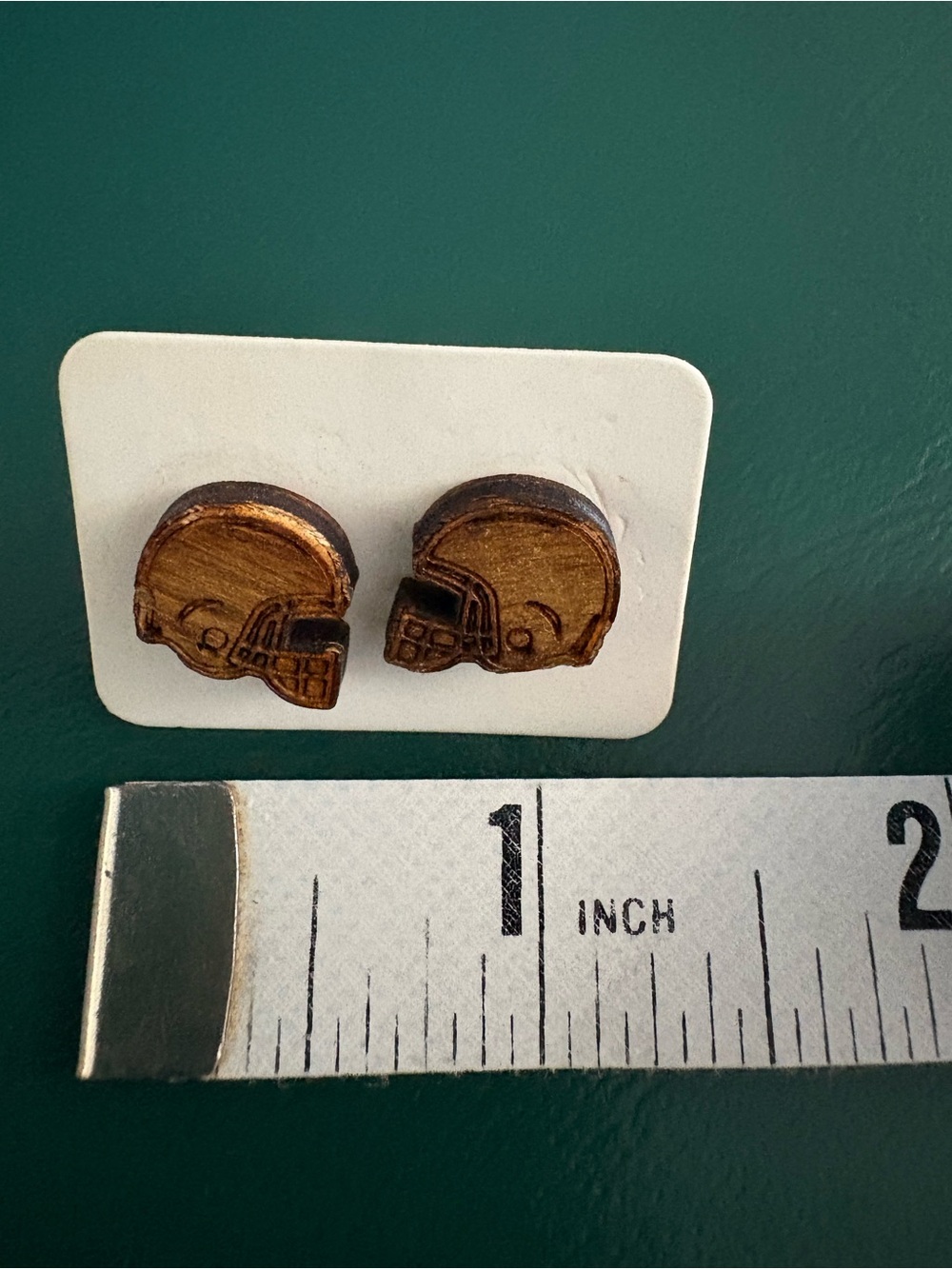 FOOTBALL HELMET EARRINGS | Etched Wood Post Studs - Picture 7 of 10